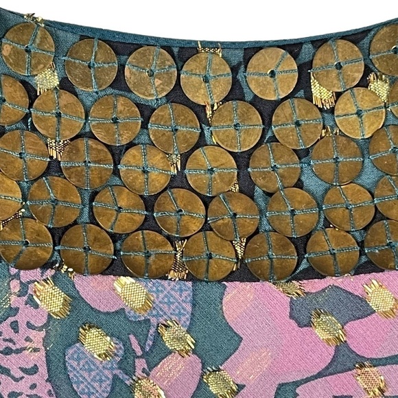 TIBI New York Silk Metallic Gold Teal Rabbit Woodland Forest Sleeveless Blouse 2 - Picture 4 of 15